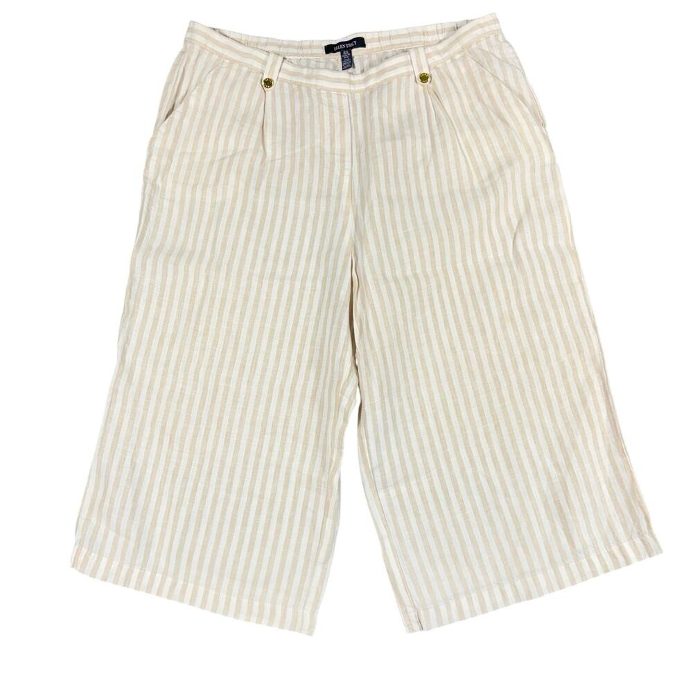 Ellen Tracy 100% Linen Striped Crop Pants XL Tan White Wide Leg Coastal Grandma